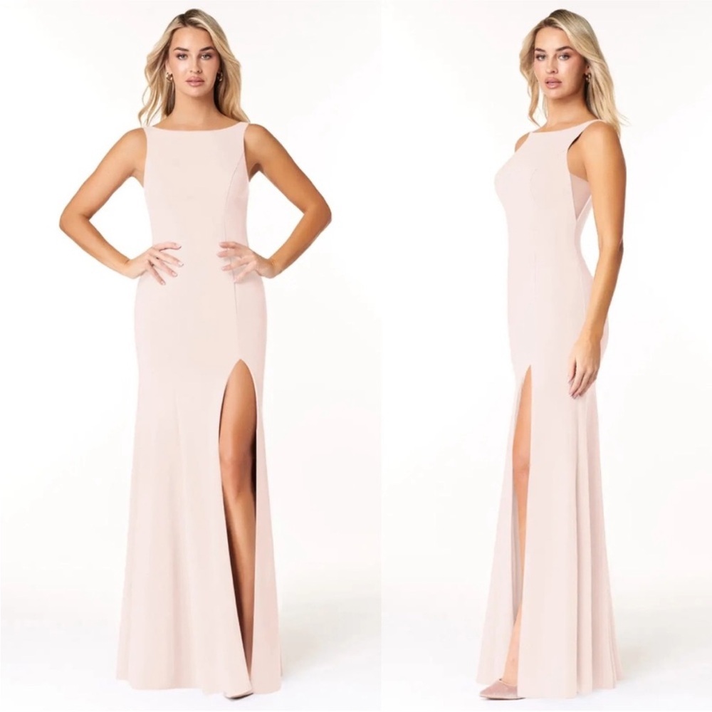 Azazie Rogue Blushing Pink Mermaid Scoop Side Slit Stretch Crepe Dress Size 8